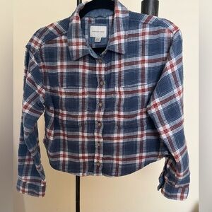 American Eagle Blue and Red Checkered Flannel Cropped Shirt